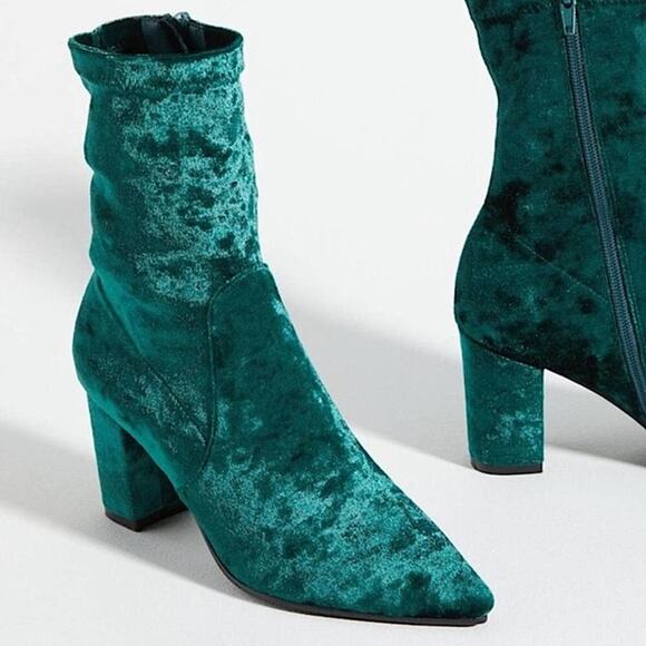 Anthro Silent D Nider Ankle Bootie Crushed Velvet Side Zipper Green EU 37 - Picture 5 of 7
